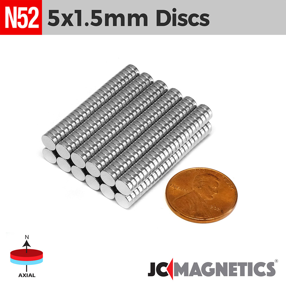 5mm x 1.5mm 13/64in x 1/16in N52 Thin Discs Rare Earth Neodymium